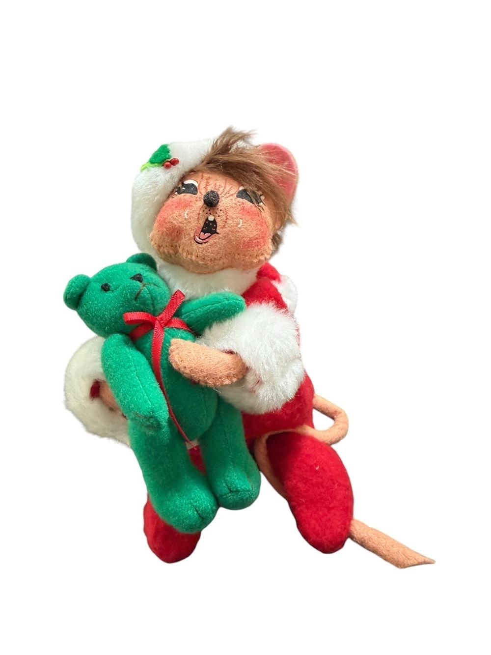 Annalee Christmas Mouse 6 inch Christmas Morning  Mouse  with Green Teddy Bear